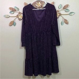 Tacera Pullover Velour Elastic Waist V Neck Purple Metallic Dress Size 1X